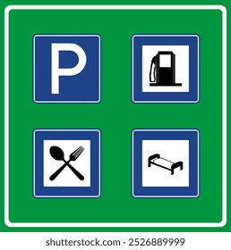 Service area sign, Highway Signs, Highway Standard Traffic Signs Turkey (Turkish: Karayolları Standart Trafik İşaret Levhaları, Otoyol İşaretleri, Servis Alanı Levhaları)