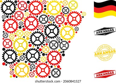 Service Arkansas State map collage and seals. Vector collage is composed with wheel elements in various sizes, and Germany flag official colors - red, yellow, black.