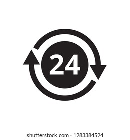 Service around the clock - 24 hours a day - black icon on white background vector illustration for website, mobile application, presentation, infographic. Arrows cycle sign. 