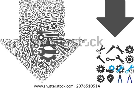 Service arrow down mosaic of service tools. Vector arrow down is created of gear wheels, wrenches, and other tools, and based on arrow down icon. Abstraction for mechanic service.