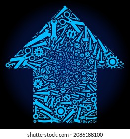 Flecha de servicio hacia arriba mosaico de herramientas de servicio en un fondo de gradiente azul oscuro. La flecha hacia arriba del vector está organizada a partir de engranajes azules, trincheras y otras herramientas, y basada en el icono de flecha hacia arriba.