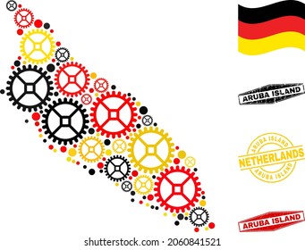 Service Aruba Island map composition and seals. Vector collage is formed from mechanics elements in different sizes, and Germany flag official colors - red, yellow, black.