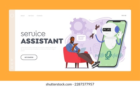 Service Assistant Landing Page Template. Male Customer Character Use Chatbot Service For Instant Support And Solutions. Chatbots, Ai Technology, Customer Support. Cartoon People Vector Illustration