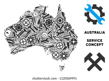 Service Australia map composition of tools. Abstract territorial scheme in grey color. Vector Australia map is made of cogs, screwdrivers and other service items. Concept of technician service.