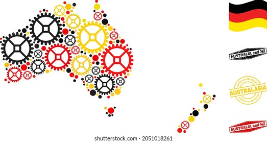 Service Australia and New Zealand map composition and stamps. Vector collage composed from repair service icons in different sizes, and German flag official colors - red, yellow, black.