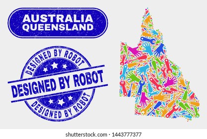 Service Australian Queensland map and blue Designed by Robot textured seal. Colorful vector Australian Queensland map mosaic of industrial units. Blue round Designed by Robot seal.