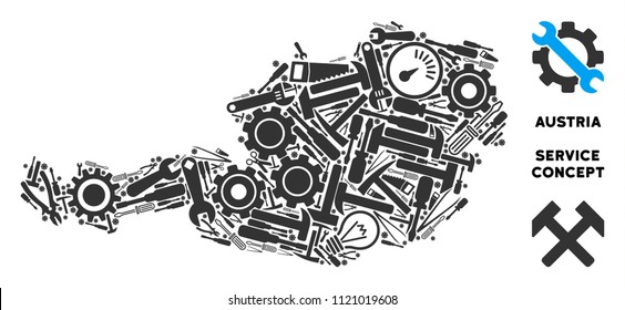Service Austria map mosaic of instruments. Abstract geographic plan in gray color. Vector Austria map is made of gearwheels, hammers and other service icons. Concept for technical service.