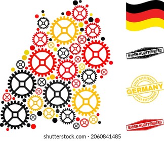 Service Baden-Wurttemberg Land map collage and seals. Vector collage is created from clock gear items in variable sizes, and Germany flag official colors - red, yellow, black.