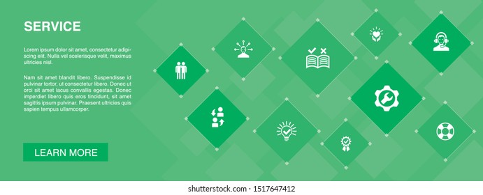 Service banner 10 icons concept.Solution, assistance, quality, support icons