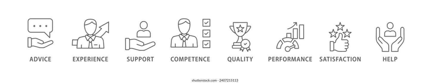 Pancarta de servicio icono web concepto de ilustración vectorial para el servicio de soporte técnico y al cliente con icono de asesoramiento, experiencia, soporte, competencia, calidad, rendimiento, satisfacción, ayuda y centro de llamadas