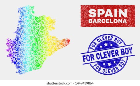 Service Barcelona Province map and blue For Clever Boy textured stamp. Spectrum gradient vector Barcelona Province map mosaic of production. Blue rounded For Clever Boy stamp.