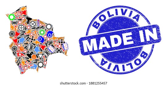 Service Bolivia map mosaic and MADE IN grunge seal. Bolivia map mosaic formed with spanners,cogs,screwdrivers,items,transports,electricity strikes,details.