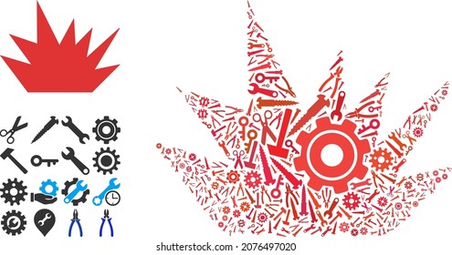Service boom explosion composition of service tools. Vector boom explosion is shaped of gears, spanners, and other tools, and based on boom explosion icon. Concept for tuning service.