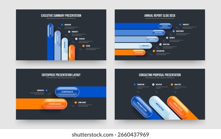 Colección de Ilustración vectorial de diseño de diapositiva de infografía de cuatro, dos y tres opciones. Análisis de negocio 4 5 2 3 Diagrama de elementos Paquete de diseño de presentación.