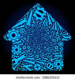 Service cabin composition of service tools on a dark blue gradient background. Vector cabin is shaped with blue gearwheels, wrenches, and other instruments, and based on cabin icon.