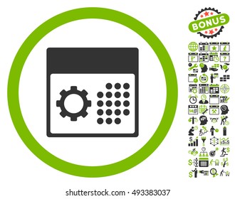 Service Calendar icon with bonus calendar and time management clip art. Vector illustration style is flat iconic bicolor symbols, eco green and gray colors, white background.