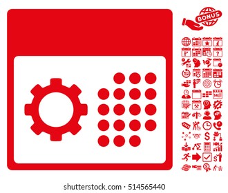 Service Calendar icon with bonus calendar and time management graphic icons. Vector illustration style is flat iconic symbols, red color, white background.