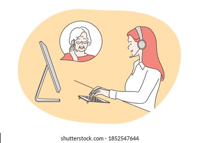 Service, call center concept. Woman operator consultant cartoon character with headset talking gives advise to senior citizen online. Wireless customer support service and communication illustration.