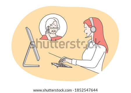 Service, call center concept. Woman operator consultant cartoon character with headset talking gives advise to senior citizen online. Wireless customer support service and communication illustration.