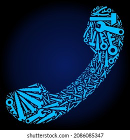 Collage de llamadas de servicio de herramientas en un fondo de gradiente azul oscuro. La llamada al vector está organizada con ruedas de engranajes azules, palangreros y otros instrumentos, y se basa en el icono de llamada. Abstracción del trabajo de mantenimiento.
