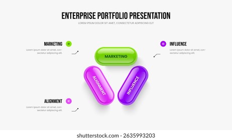 Service Campaign 3 Element Diagram Presentation Layout. Consulting Profile Slide Template Vector Illustration. Visual Showcase Three Step Infographic Slideshow Design.