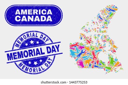 Service Canada v2 map and blue Memorial Day distress seal stamp. Colorful vector Canada v2 map mosaic of mechanic units. Blue rounded Memorial Day stamp.