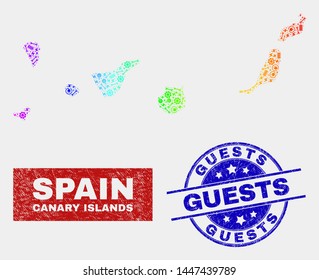 Service Canary Islands map and blue Guests textured seal stamp. Colorful gradiented vector Canary Islands map mosaic of mechanics parts. Blue rounded Guests seal.