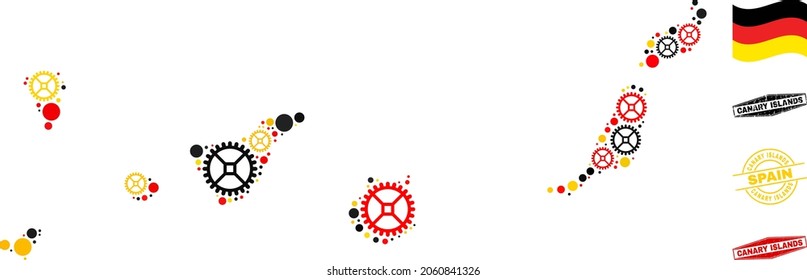 Composición de mapas y sellos de las Islas Canarias de Servicio. Collage vectorial diseñado con íconos mecánicos de varios tamaños, y los colores oficiales de la bandera alemana - rojo, amarillo, negro.