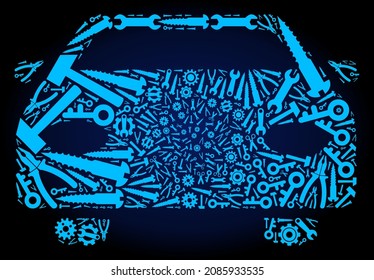 Composición del coche de servicio de las herramientas de servicio en un fondo de degradado azul oscuro. El vehículo vector tiene forma de engranajes azules, palangreros y otras herramientas, y se basa en el icono del coche. Concepto de empresa técnica.