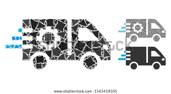 Service car composition of uneven items in\
different sizes and color tints, based on service car icon. Vector\
humpy items are united into collage. Service car icons collage with\
dotted pattern.
