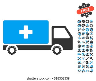 Service Car icon with bonus options pictures. Vector illustration style is flat iconic blue and gray symbols on white background.
