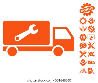 Service Car icon with bonus options pictograph collection. Vector illustration style is flat iconic orange symbols on white background.