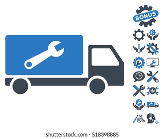 Service Car icon with bonus setup tools pictograph collection. Vector illustration style is flat iconic smooth blue symbols on white background.