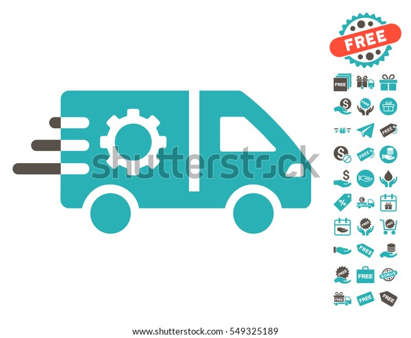 Service Car icon with free bonus symbols.\
Vector illustration style is flat iconic symbols, grey and cyan\
colors, white\
background.