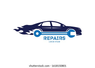 Service car logo. Vector template made in the form of an automobile silhouette with key and fire.