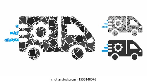 Service car mosaic of raggy items in different sizes and color tints, based on service car icon. Vector bumpy items are organized into composition. Service car icons collage with dotted pattern.