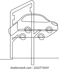 Service car. Car on lift. Bottom view. Continuous line drawing. Vector illustration