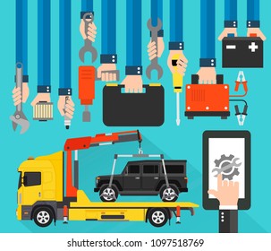 Service car online design flat with wrecking car.Vector illustration