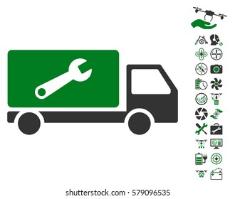 Service Car pictograph with bonus drone service symbols. Vector illustration style is flat iconic green and gray symbols on white background.