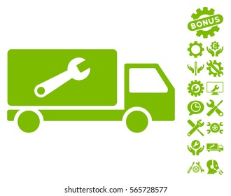 Service Car pictograph with bonus options symbols. Vector illustration style is flat iconic eco green symbols on white background.