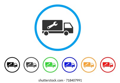 Service Car rounded icon. Style is a flat service car gray symbol inside light blue circle with black, gray, green, blue, red, orange color versions. Vector designed for web and software interfaces.