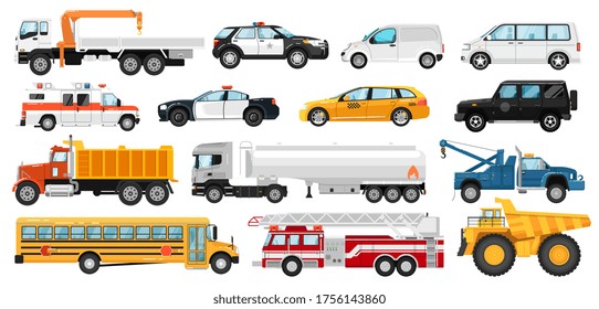 Service car set. City public special, emergency service automobile vehicles. Isolated police, ambulance car, school bus, tow, dump, tanker, fire truck, taxi, van icon collection. Urban auto transport.