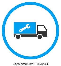 Service Car vector bicolor icon. Image style is a flat icon symbol inside a circle, blue and gray colors, white background.