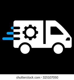 Service Car vector icon. Style is bicolor flat symbol, blue and white colors, rounded angles, black background.