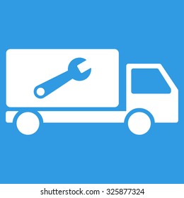 Service Car vector icon. Style is flat symbol, white color, rounded angles, blue background.
