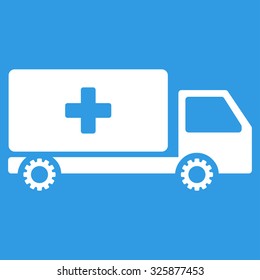 Service Car vector icon. Style is flat symbol, white color, rounded angles, blue background.