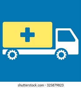 Service Car vector icon. Style is bicolor flat symbol, yellow and white colors, rounded angles, blue background.