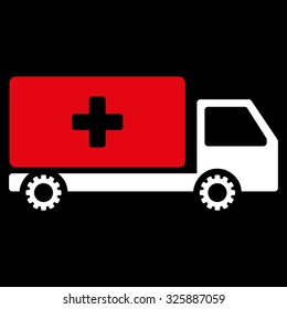 Service Car vector icon. Style is bicolor flat symbol, red and white colors, rounded angles, black background.
