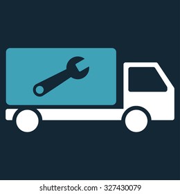 Service Car vector icon. Style is bicolor flat symbol, blue and white colors, rounded angles, dark blue background.