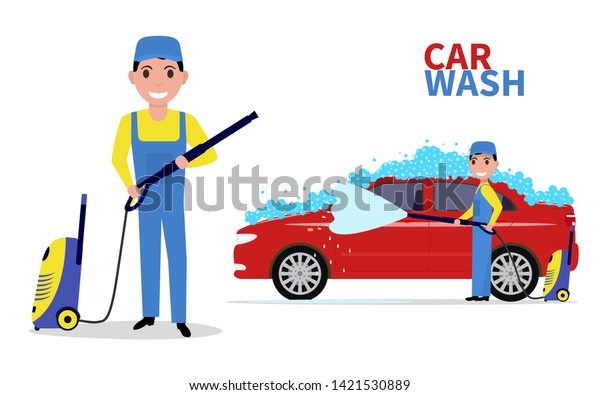 Service car wash. Guy stands with high pressure\
washer. Man washes a car in uniform. Vector illustration isolated\
on white background, flat\
style.